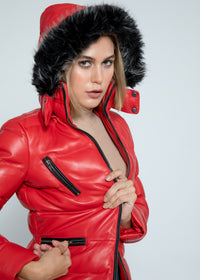 Womens Leather Jacket - Women's Striking Puffer Arctic Red Down Leather Jacket With Fur