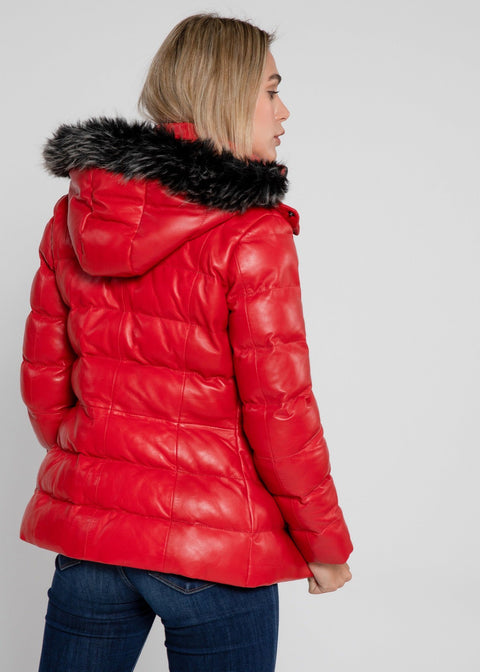 Womens Leather Jacket - Women's Striking Puffer Arctic Red Down Leather Jacket With Fur