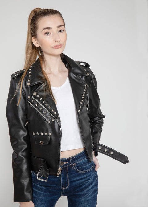 Womens Leather Jacket - Women's Vegan Star Studded Black Moto Style Faux Leather Jacket