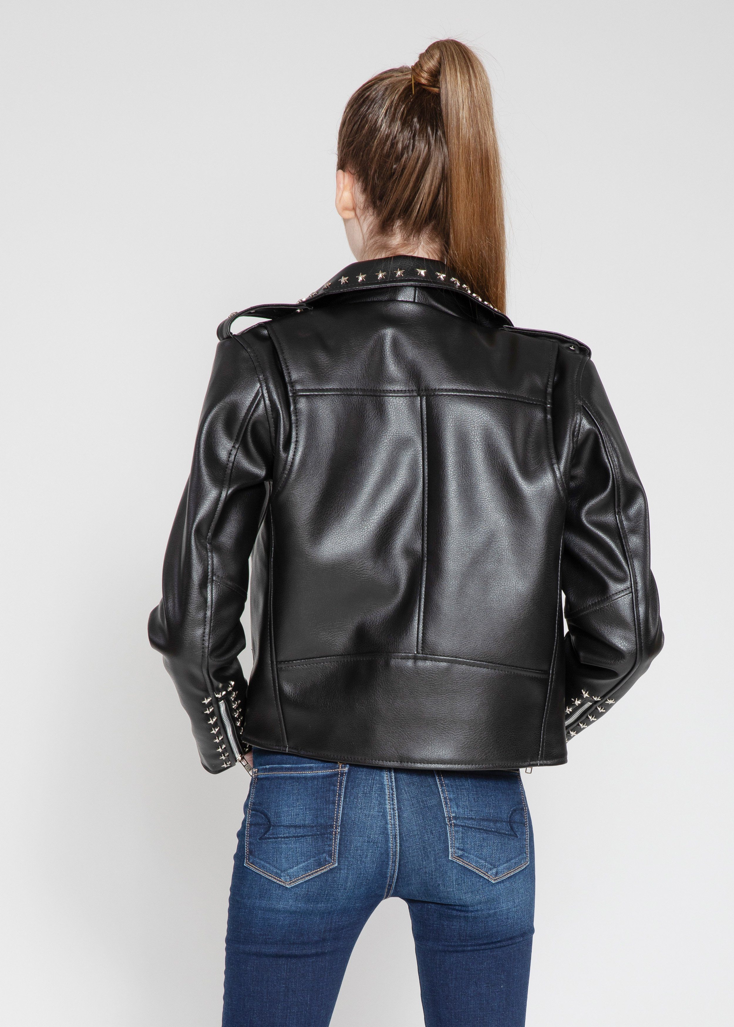 Womens Leather Jacket - Women's Vegan Star Studded Black Moto Style Faux Leather Jacket