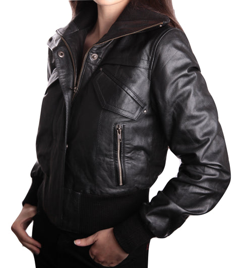 Women's Short-Cut Bomber Leather Jacket, [option2] - Fadcloset