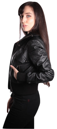 Women's Short-Cut Bomber Leather Jacket, [option2] - Fadcloset