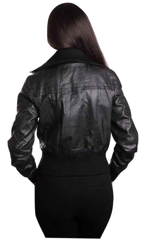 Women's Short-Cut Bomber Leather Jacket, [option2] - Fadcloset