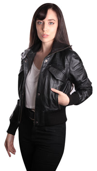 Women's Short-Cut Bomber Leather Jacket, [option2] - Fadcloset