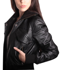 Women's Short-Cut Bomber Leather Jacket, [option2] - Fadcloset