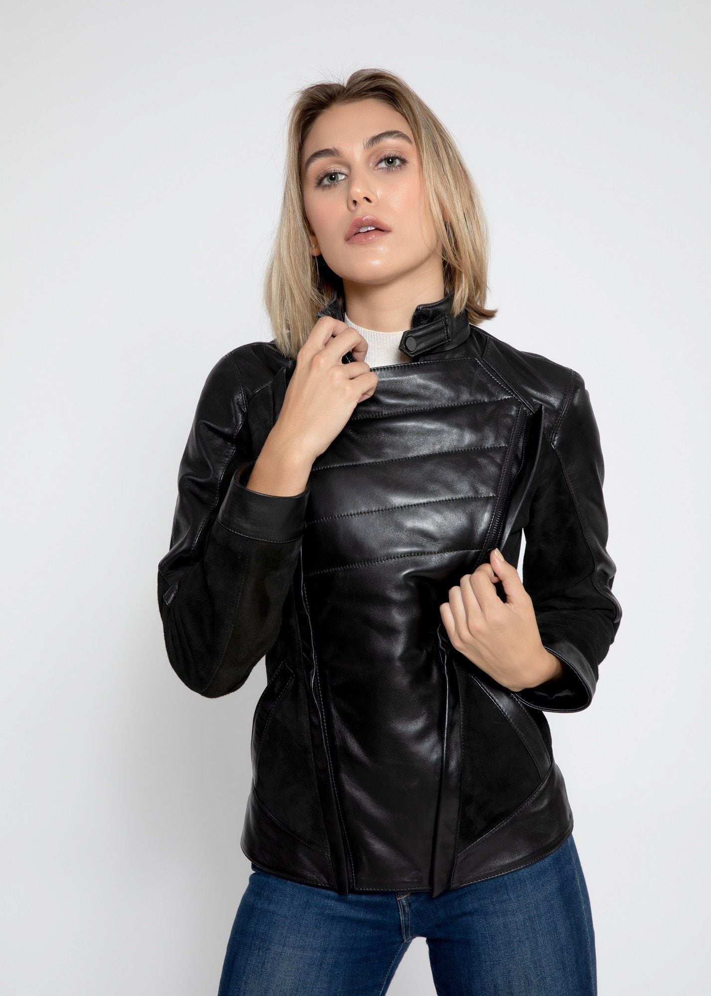 Womens Leather Jacket - Womens Cosette Dual Panel Leather & Suede Jacket - Clearance