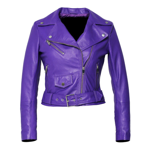 Womens Leather Jacket - Womens Moto Nappa In Deerskin Emboss Patent Purple Leather Jacket
